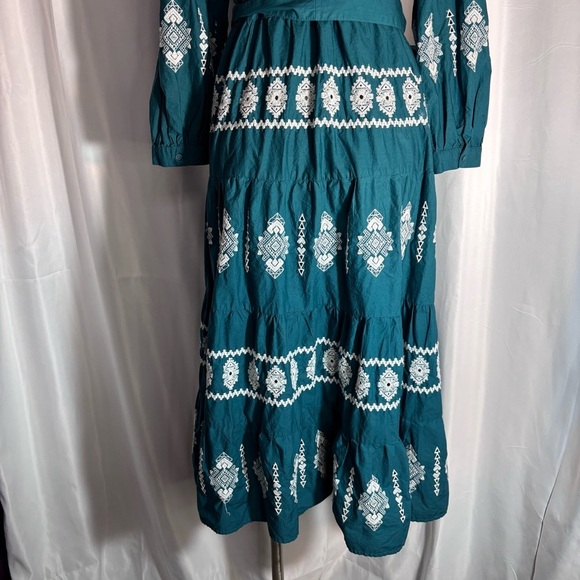 ZARA Sz L Tiered Ruffle Puff Sleeve Hidden Buttons Belted Embroidered Dress - Picture 7 of 10